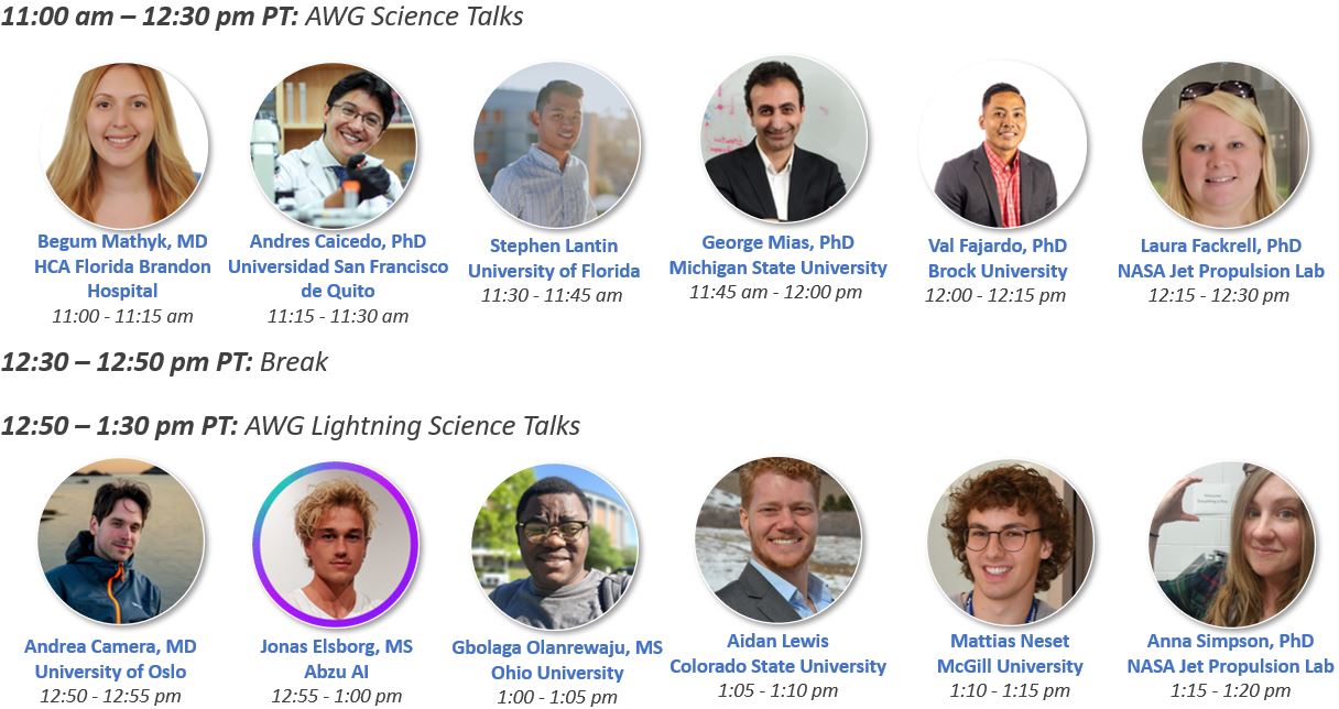Screenshot of AWG Science Talks and Lightning Science Talks agenda